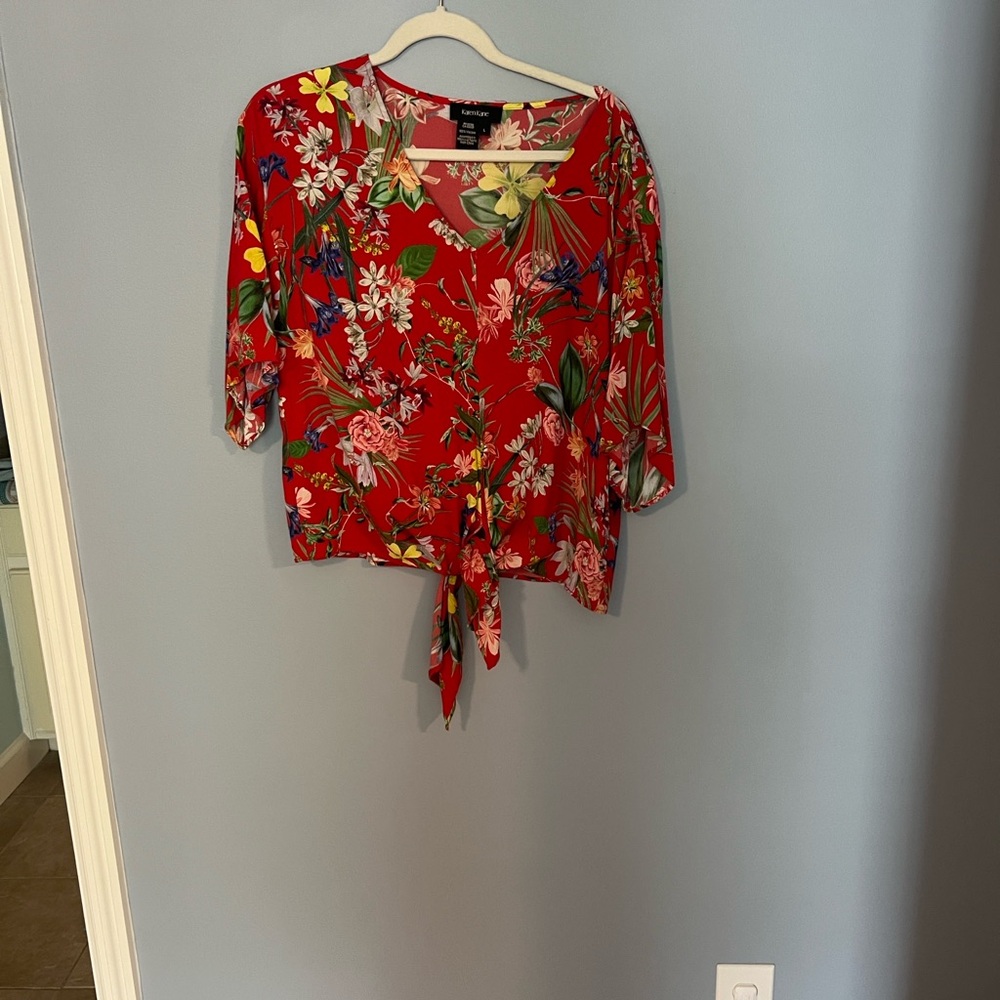 Karen Kane Red Tropical Floral V-Neck Blouse